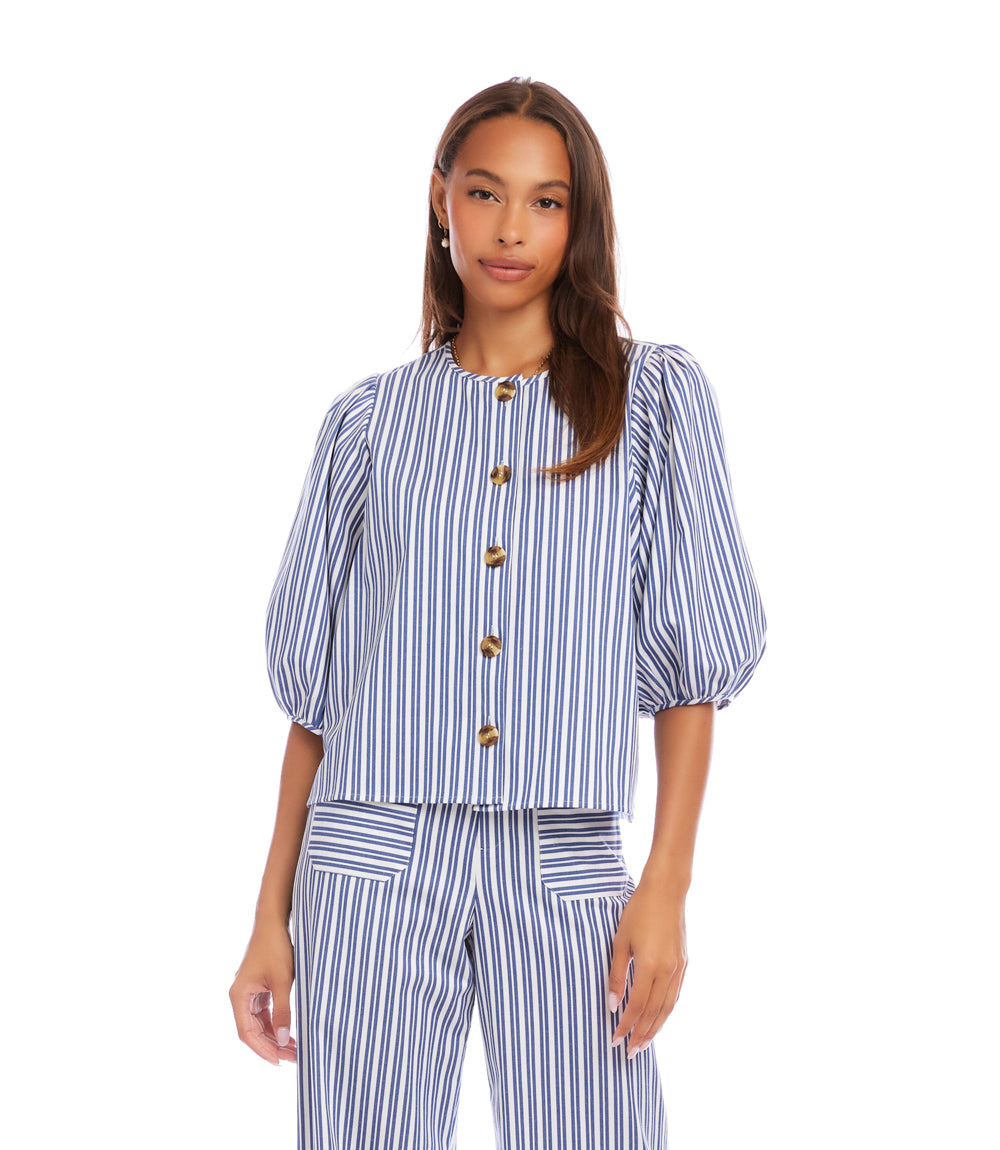 Stripe Puff Sleeve Button Front Top
