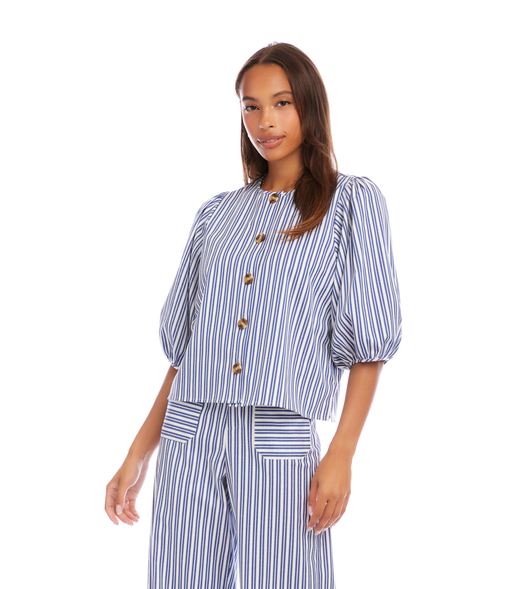 Stripe Puff Sleeve Button Front Top