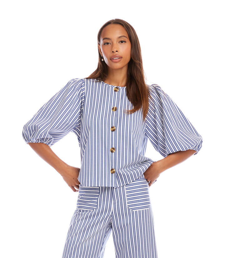 Stripe Puff Sleeve Button Front Top