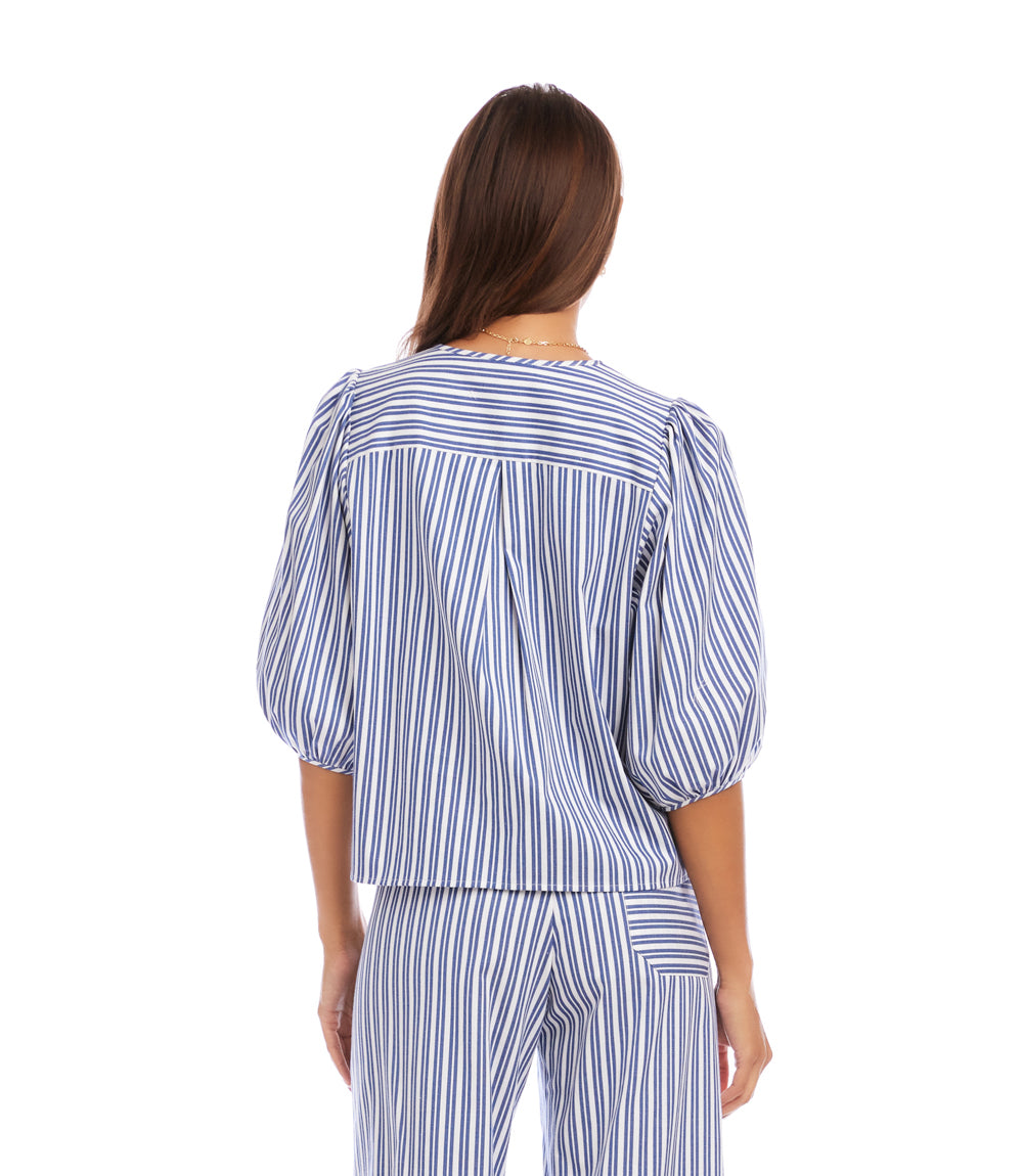 Stripe Puff Sleeve Button Front Top