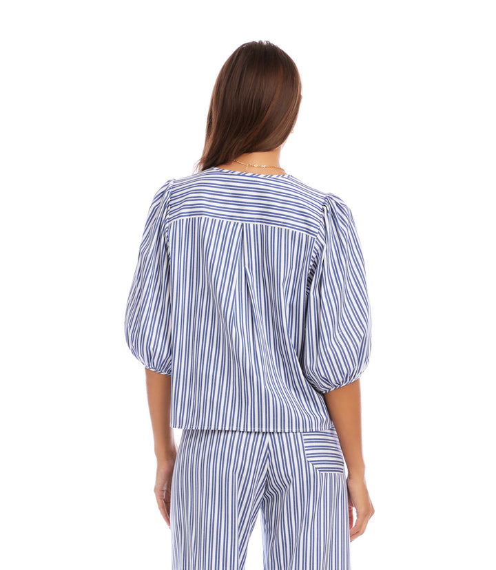 Stripe Puff Sleeve Button Front Top