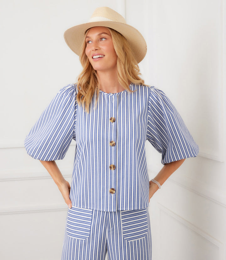 Stripe Puff Sleeve Button Front Top
