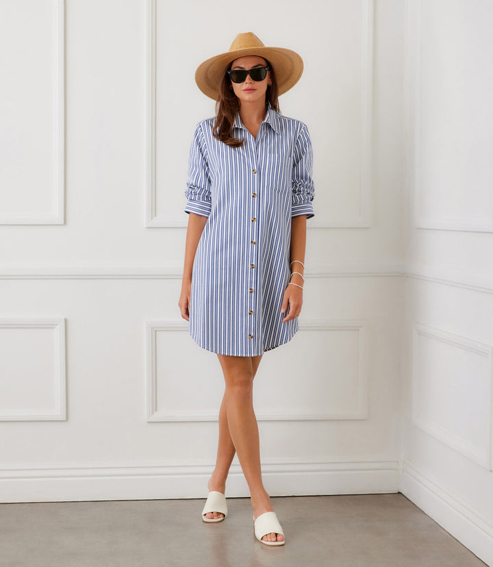 Stripe Ruched Sleeve Shirtdress
