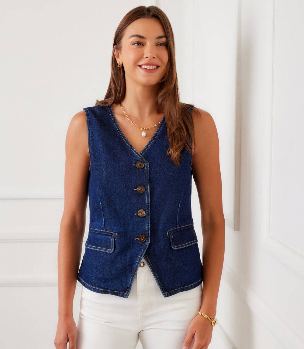 Denim Vest - Stylish Women's Tailored Denim Jacket with Pockets