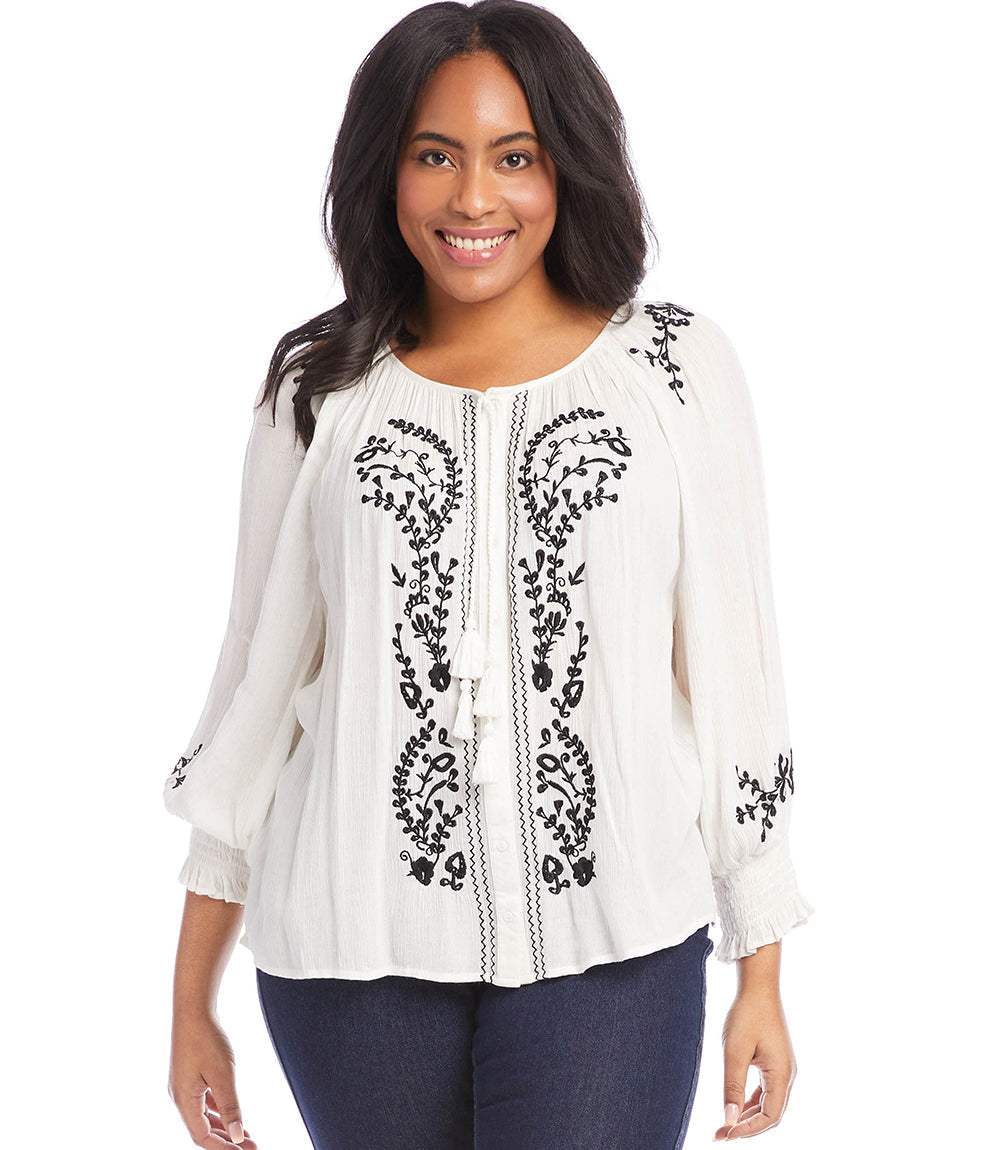 Plus size embroidered peasant top in lightweight white rayon gauze with black floral embroidery and tassel ties