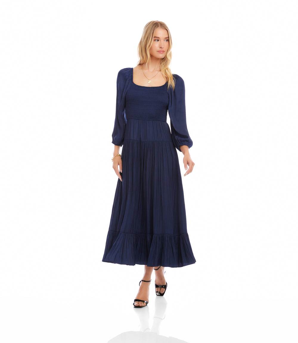 トップス kanell / MIDSHIP / NAVY Blouson Sleeve Smocked Midi Dress - Elegant Satin Dress for Women