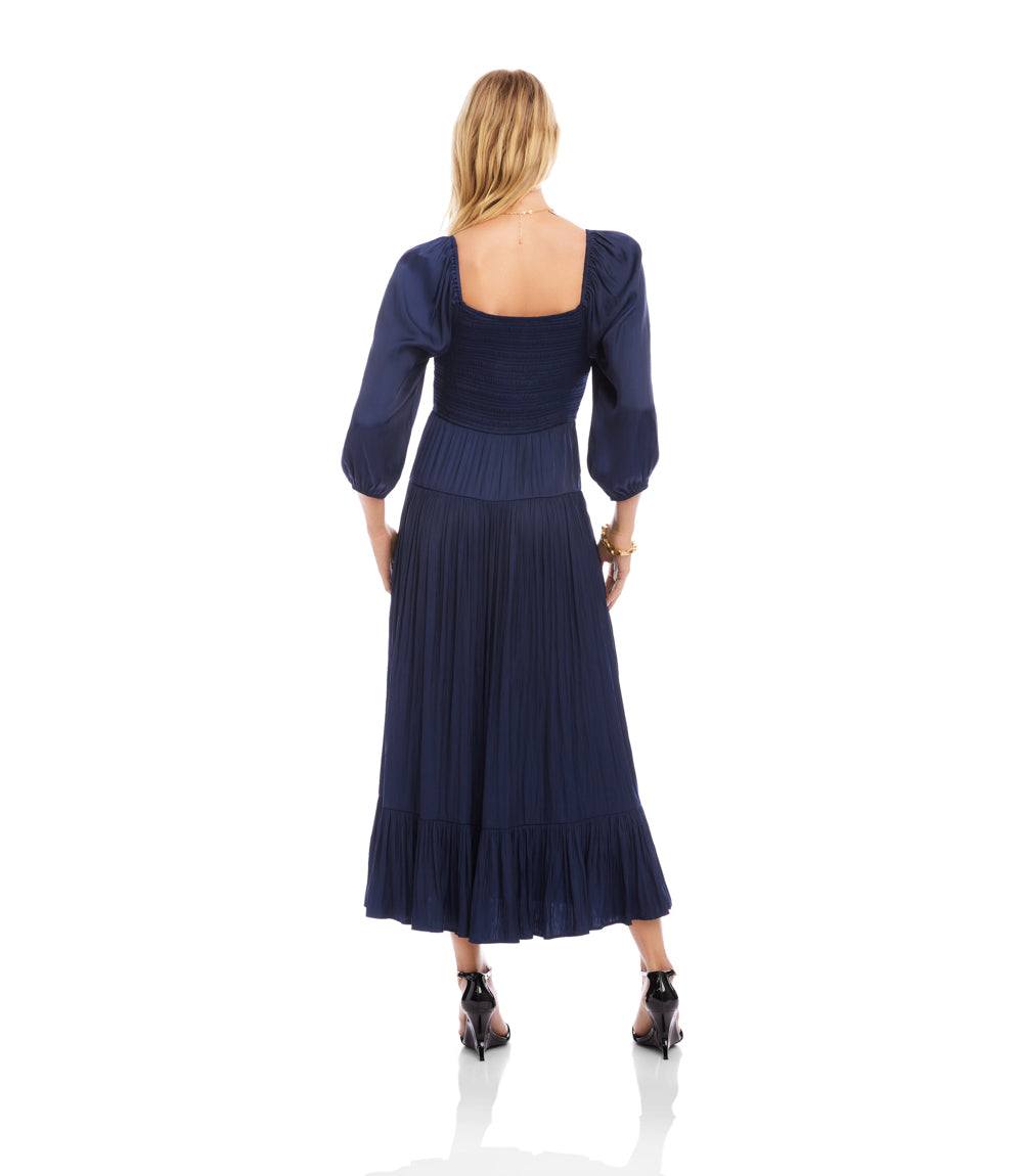 crinkled satin smocked dress SESSUN | Galiane Dress - Crinkled Satin Smocked Midi Ecume