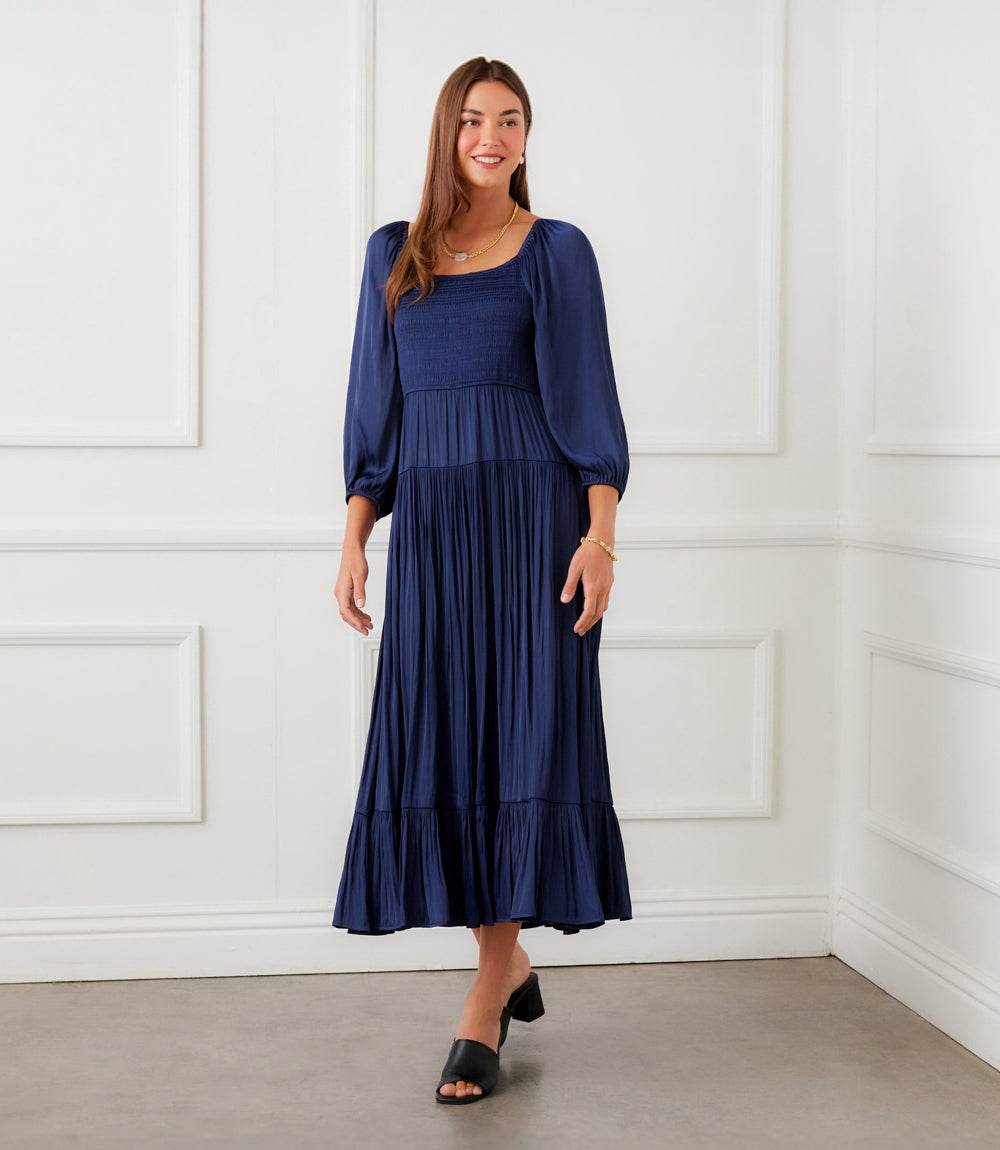 Blouson Sleeve Smocked Midi Dress - Elegant Satin Dress for Women