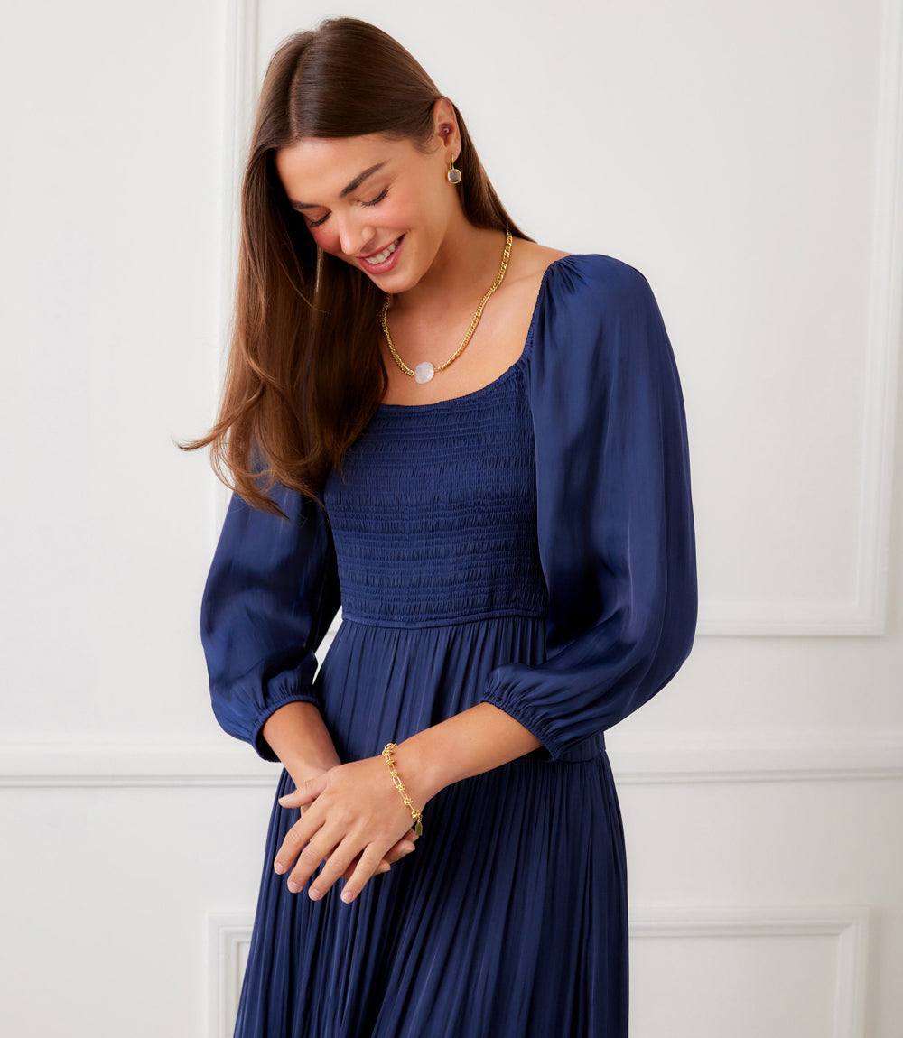 crinkled satin smocked dress SESSUN | Galiane Dress - Crinkled Satin Smocked Midi Ecume