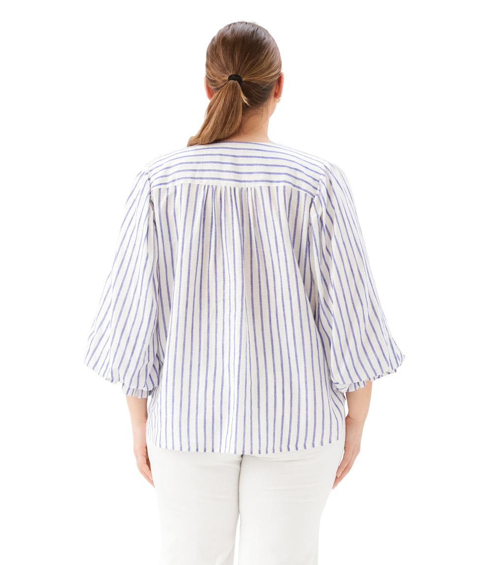 Plus Size Stripe Layered Sleeve Shirred Blouse