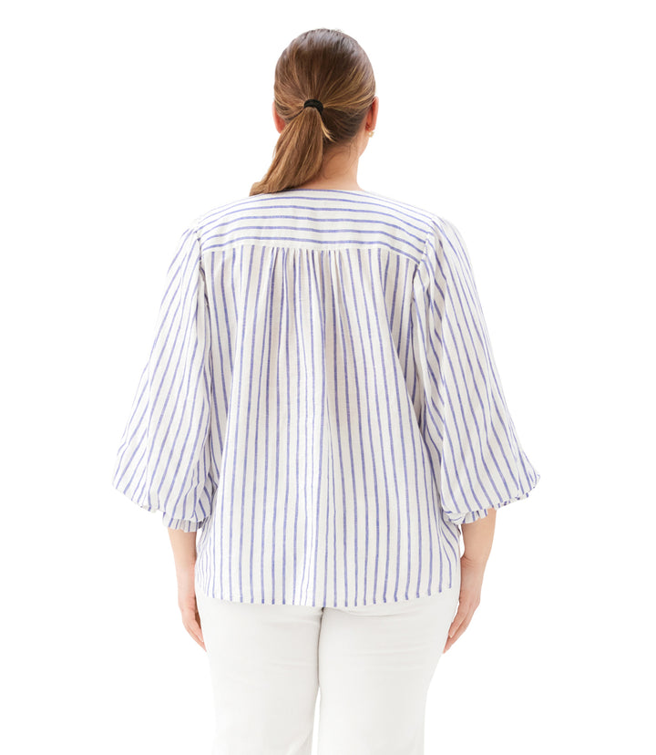 Plus Size Stripe Layered Sleeve Shirred Blouse