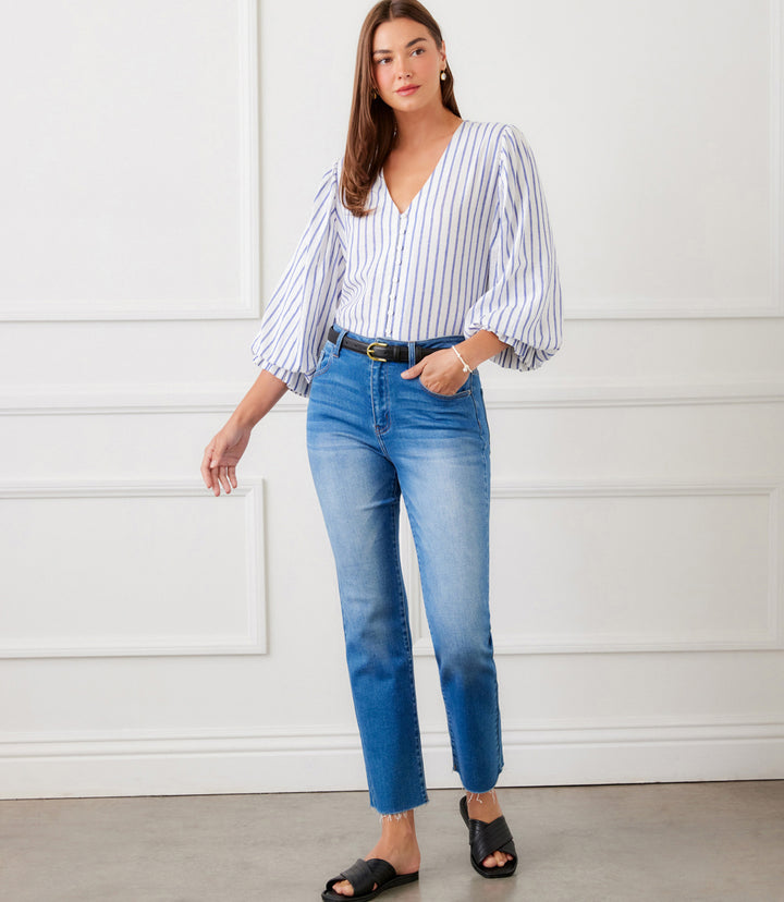 Stripe Layered Sleeve Shirred Blouse