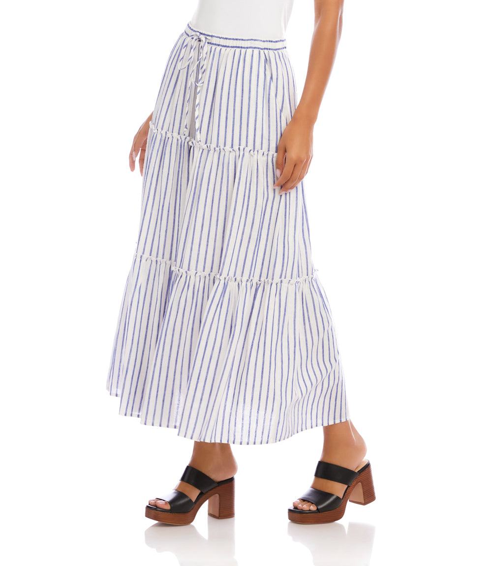 Petite Size Stripe Tiered Midi Skirt - Breathable Linen Blend for