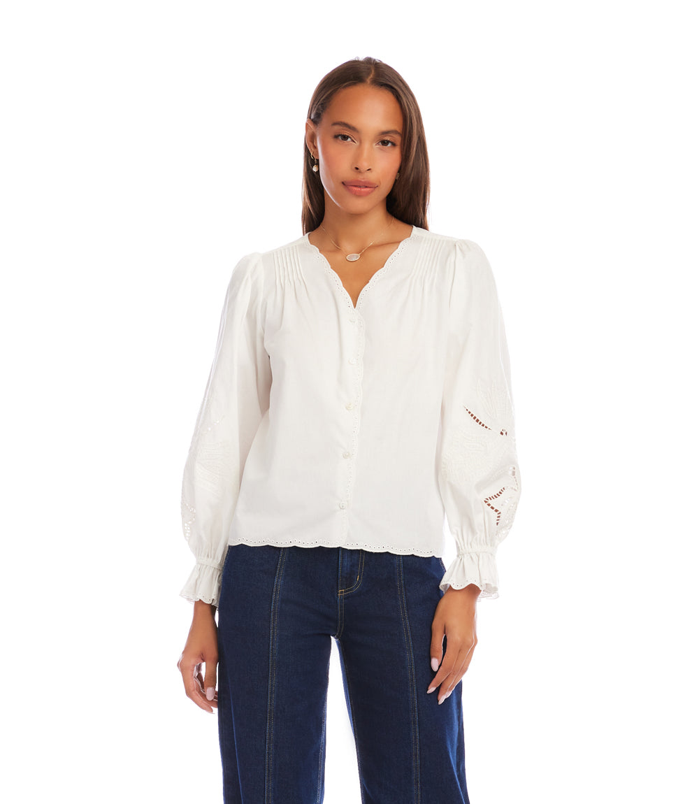 Embroidered Button-Front Top