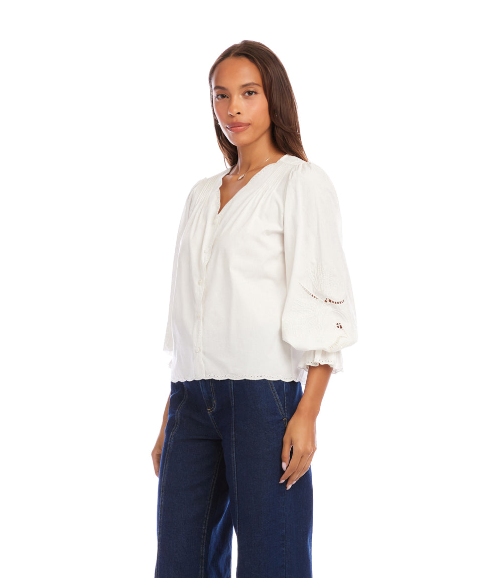 Embroidered Button-Front Top