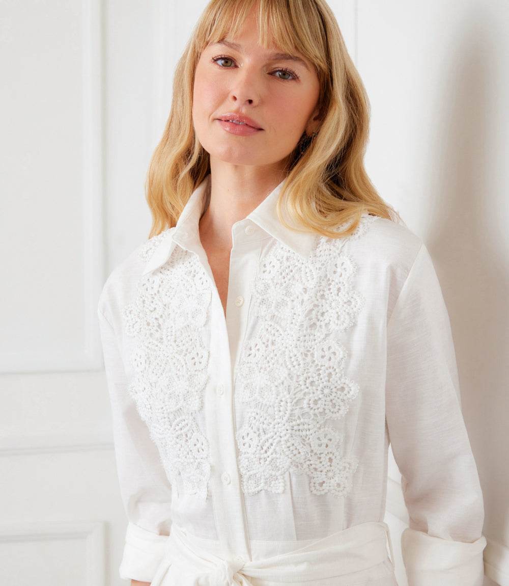 Lace Applique Midi Shirtdress - Elegant Linen Blend Dress with