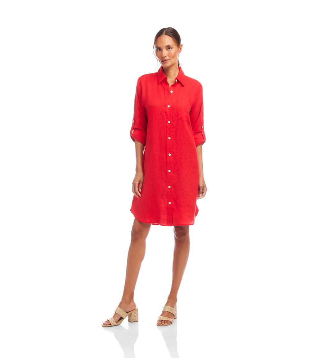 Karen Kane Women's Linen Shirtdress, Extra Small, Extra Small, Cherry, 100% Linen