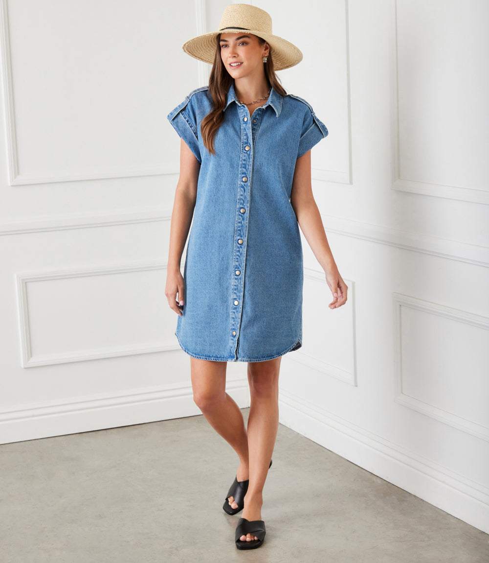 short sleeve denim shirt dress Cap Sleeve Denim Shirtdress