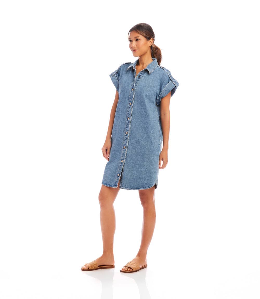 karen kane denim dress Karen Kane Women's Flare Sleeve Shirtdress, Large, L, Chambray, Cotton/Spandex
