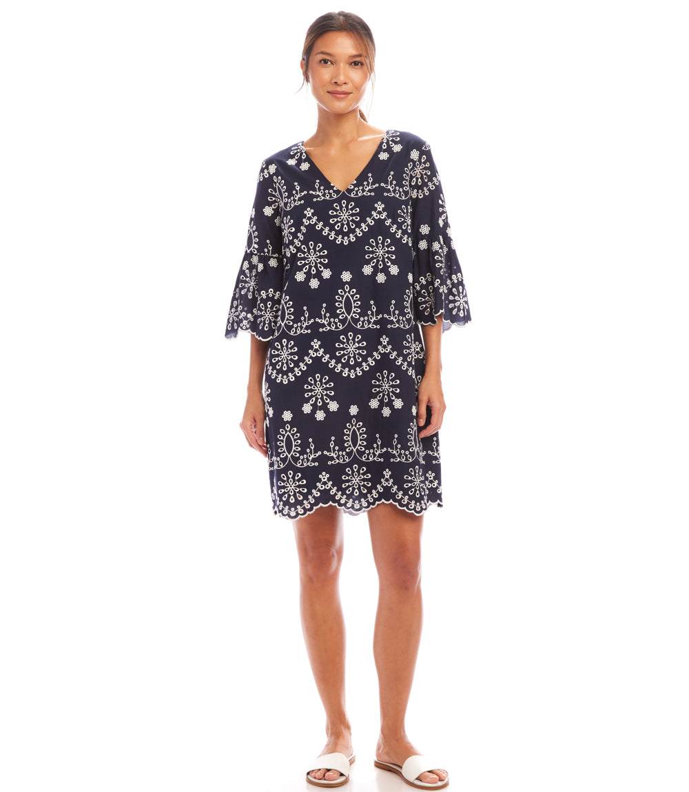 Flare Sleeve Embroidered Dress - Elegant Cotton Sun Dress for Warm