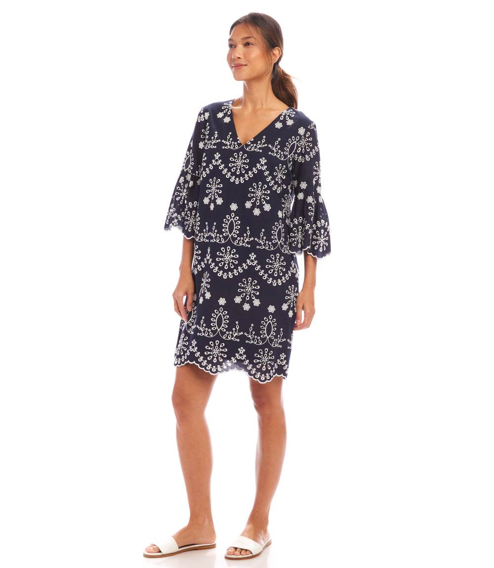 Flare Sleeve Embroidered Dress - Elegant Cotton Sun Dress for Warm