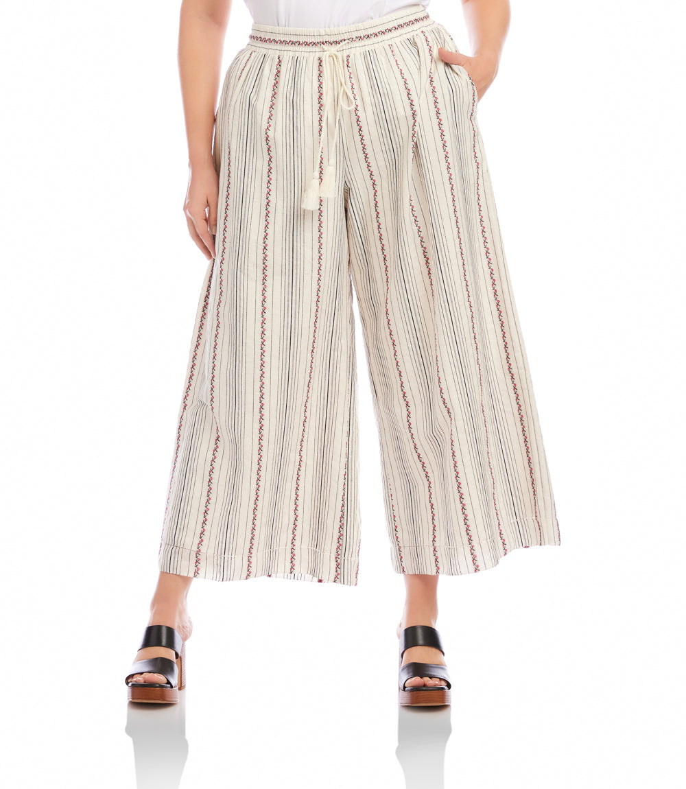 Plus Size Stripe Embroidered Cropped Drawstring Pants