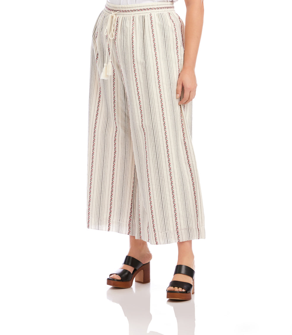 Plus Size Stripe Embroidered Cropped Drawstring Pants