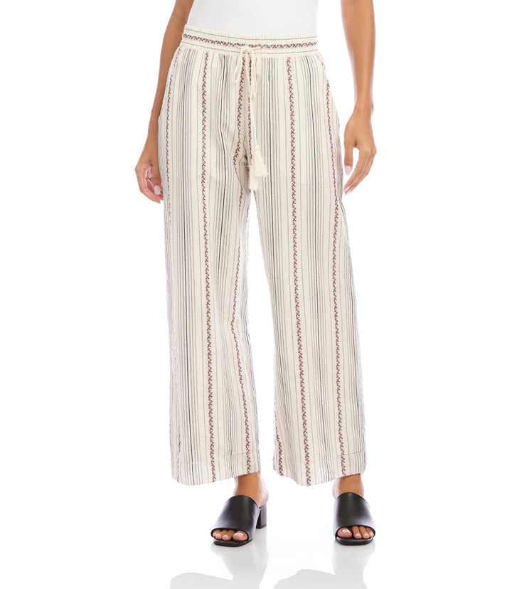 Stripe Embroidered Cropped Drawstring Pants