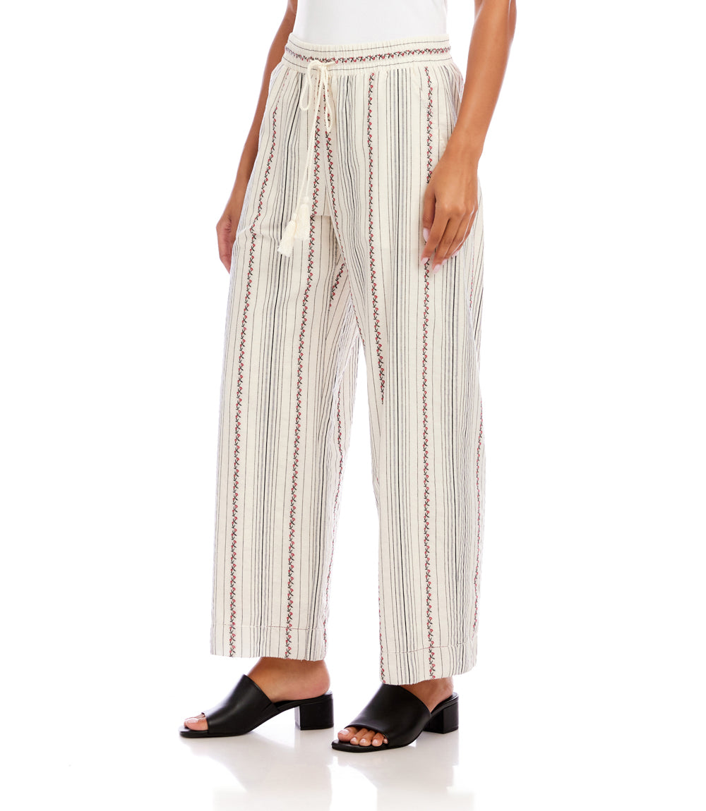 Stripe Embroidered Cropped Drawstring Pants