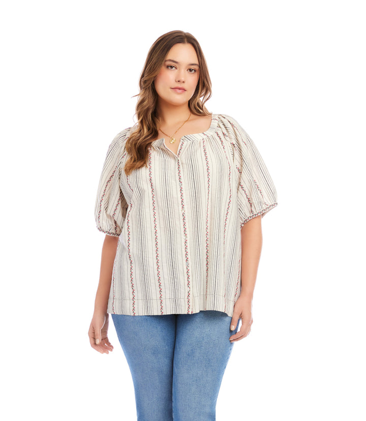 Plus Size Stripe Puff Sleeve Embroidered Peasant Top