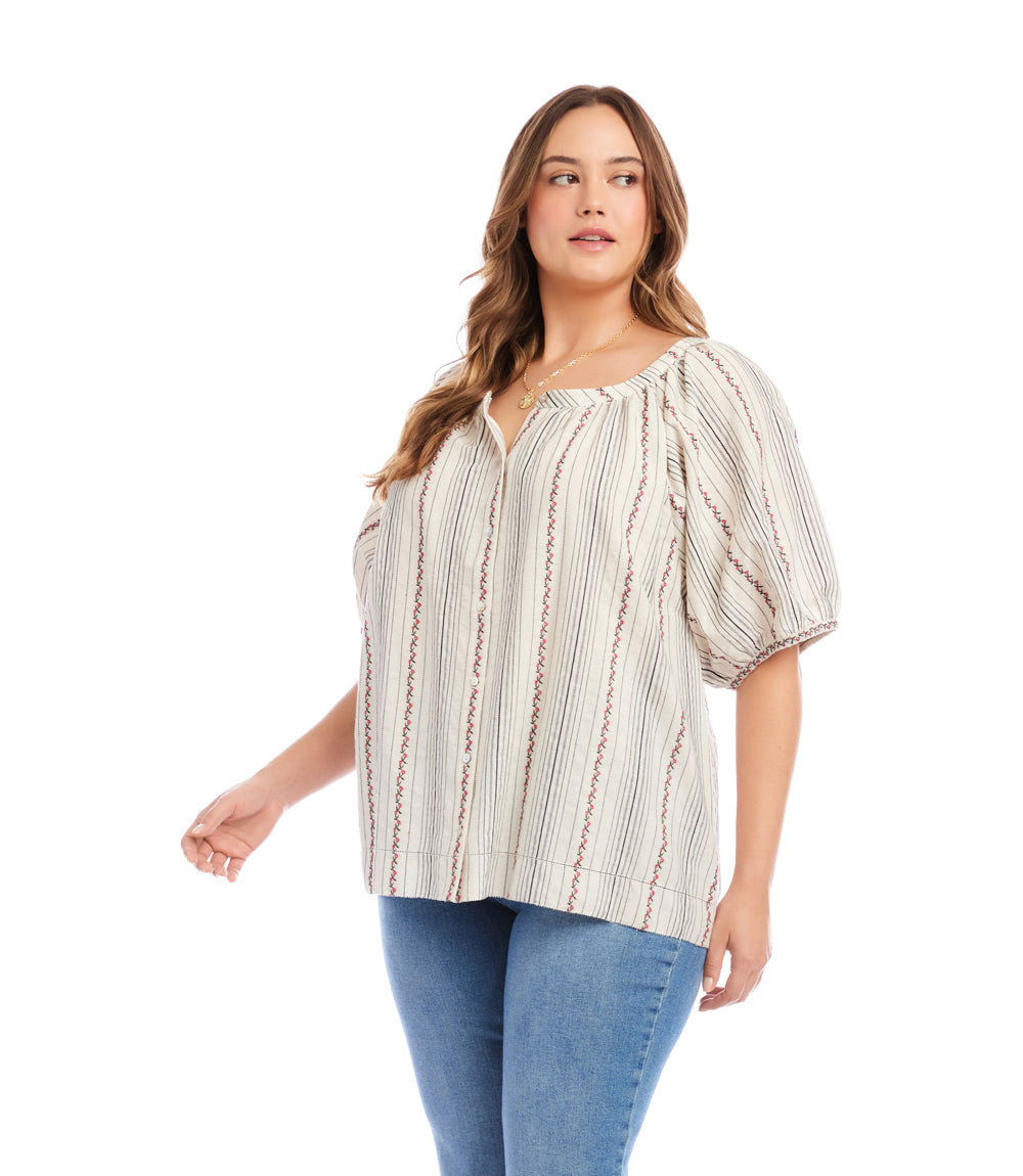 Plus Size Stripe Puff Sleeve Embroidered Peasant Top