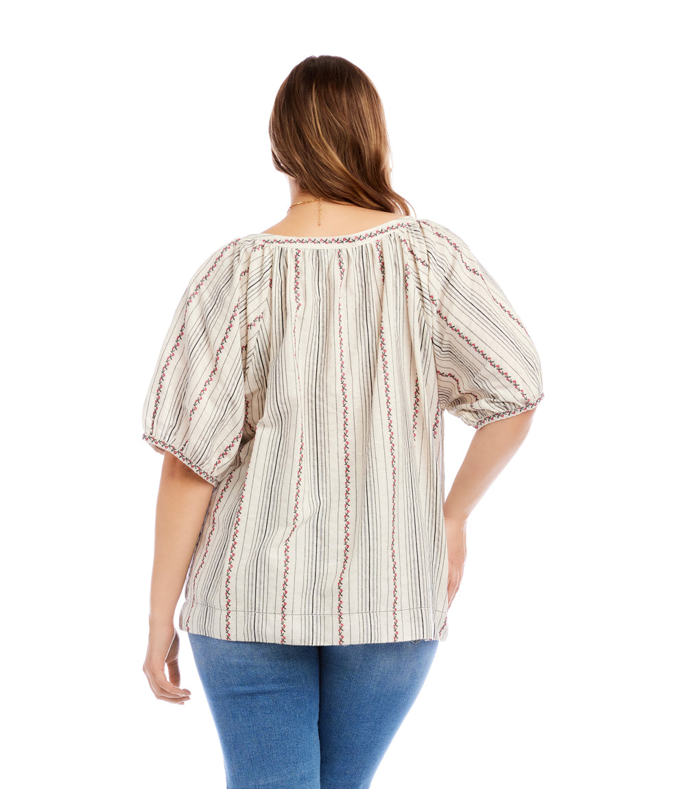 Plus Size Stripe Puff Sleeve Embroidered Peasant Top