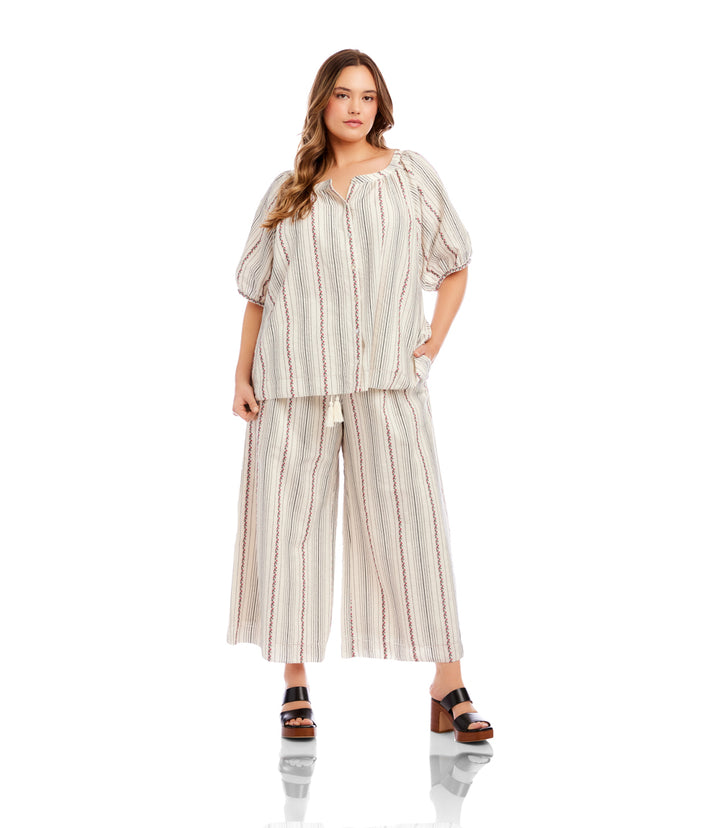 Plus Size Stripe Embroidered Cropped Drawstring Pants
