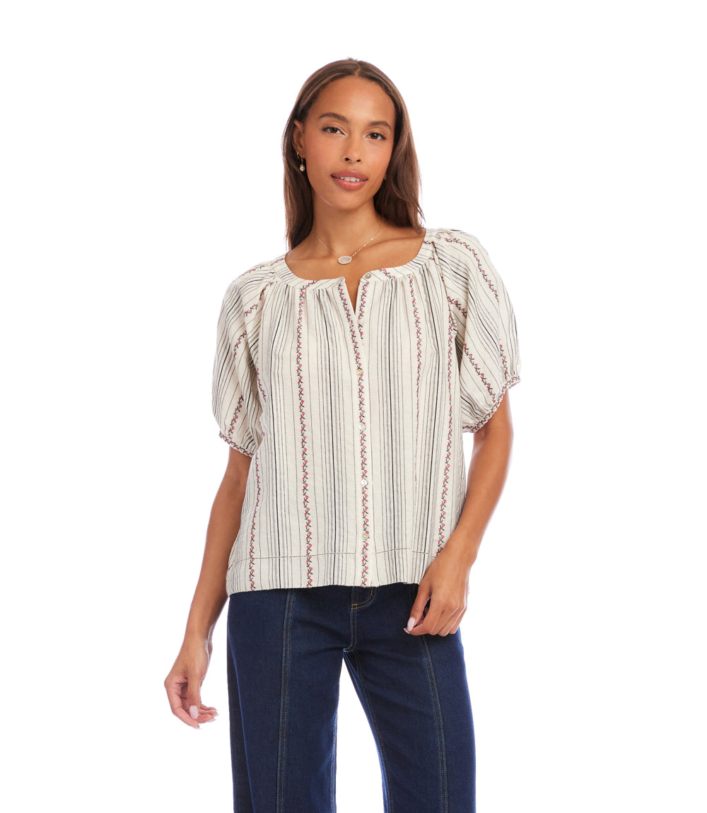 Stripe Puff Sleeve Embroidered Peasant Top