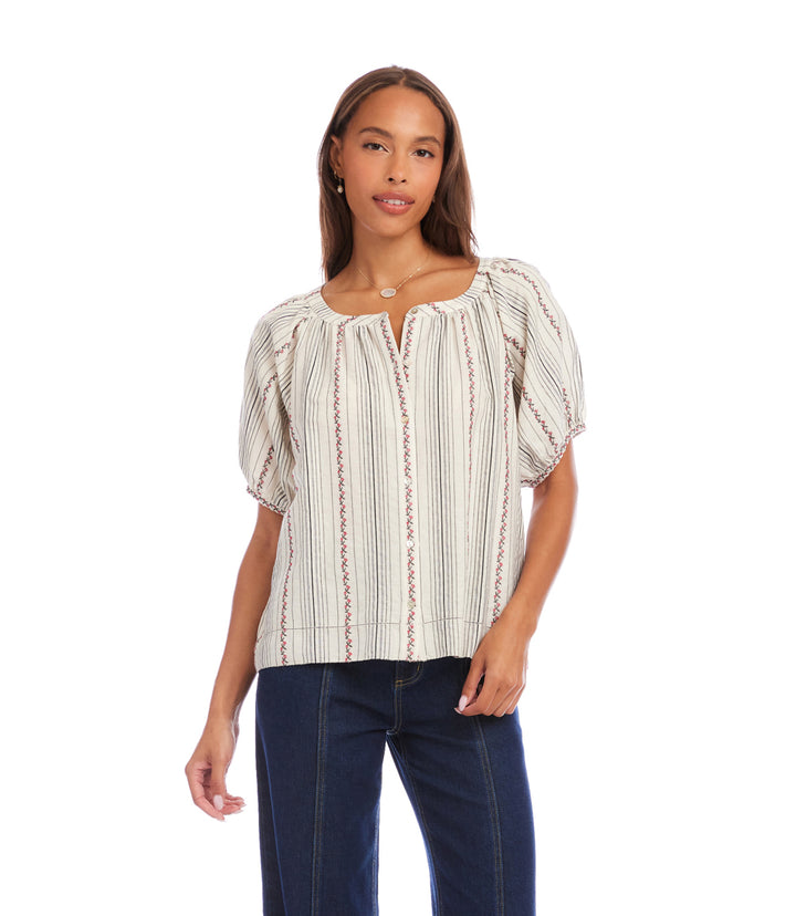 Stripe Puff Sleeve Embroidered Peasant Top