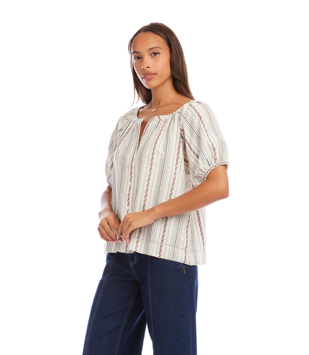 Stripe Puff Sleeve Embroidered Peasant Top