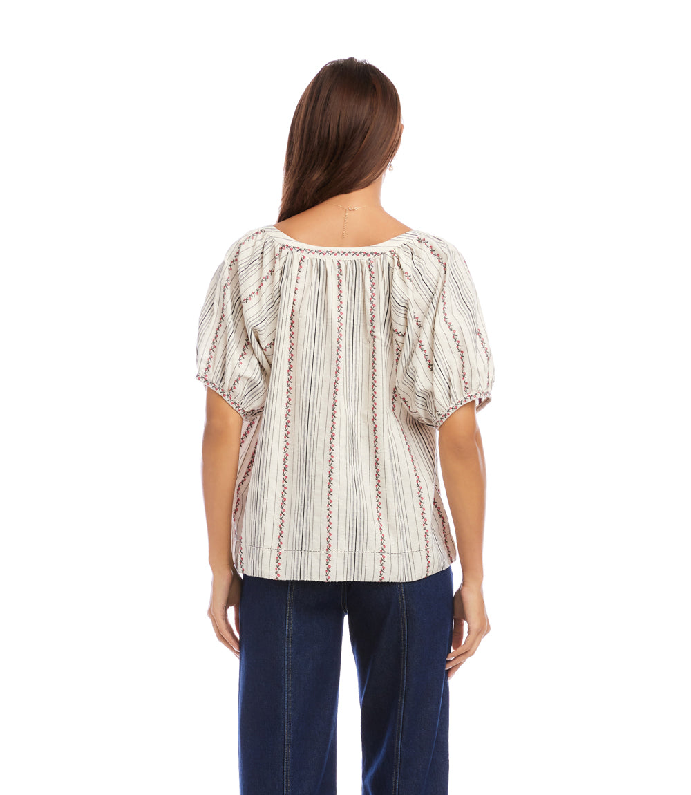 Stripe Puff Sleeve Embroidered Peasant Top