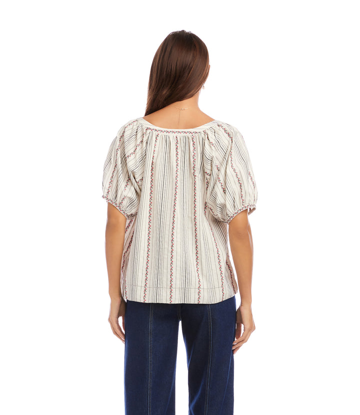 Stripe Puff Sleeve Embroidered Peasant Top