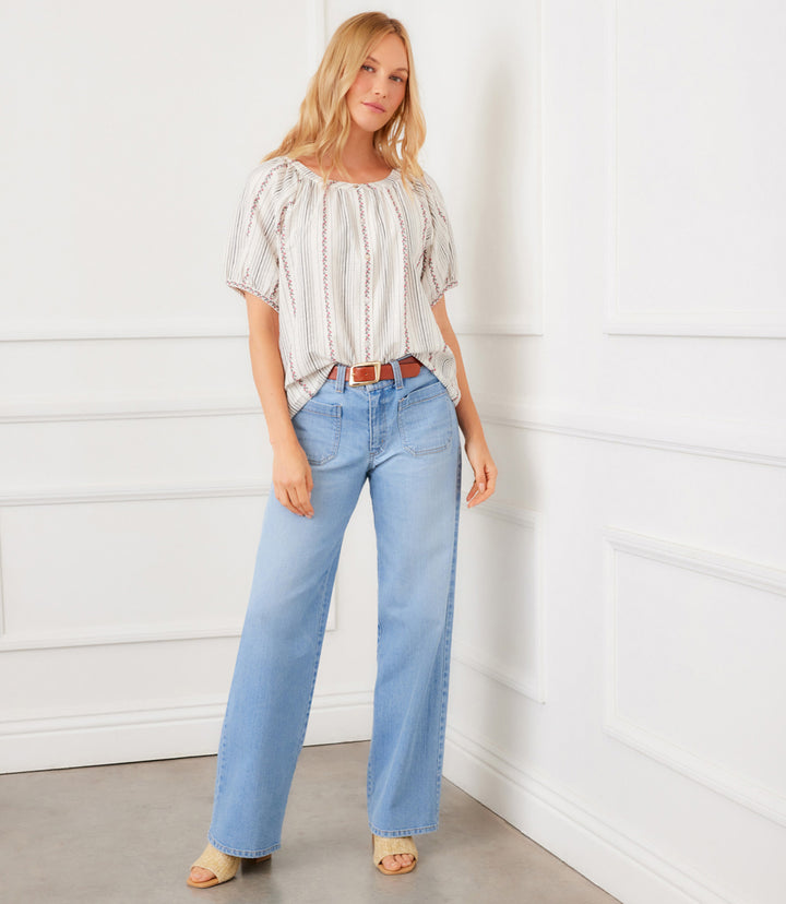 Stripe Puff Sleeve Embroidered Peasant Top