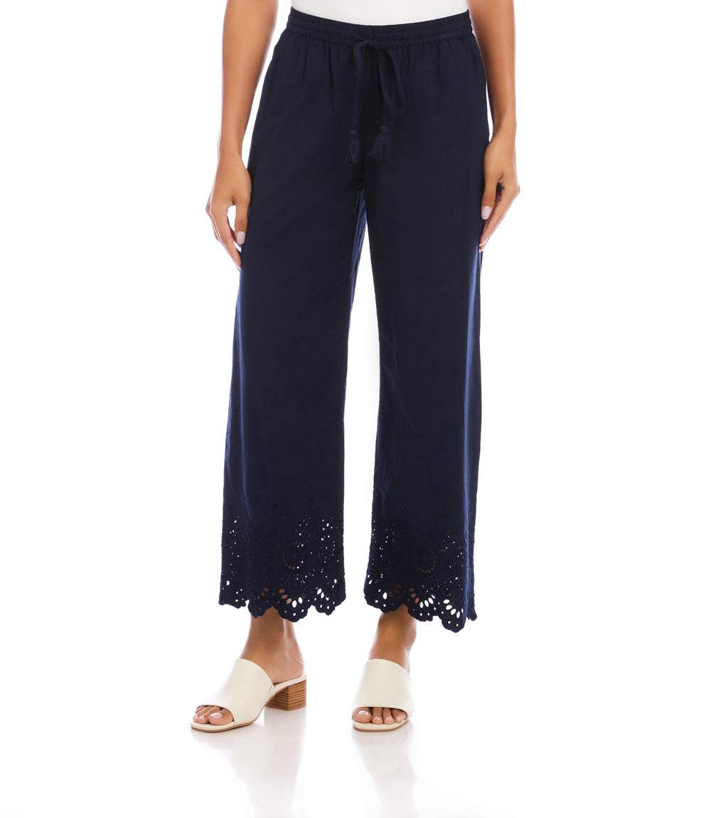 Embroidered Scallop Edge Cropped Pants - Stylish Wide-Leg Cotton