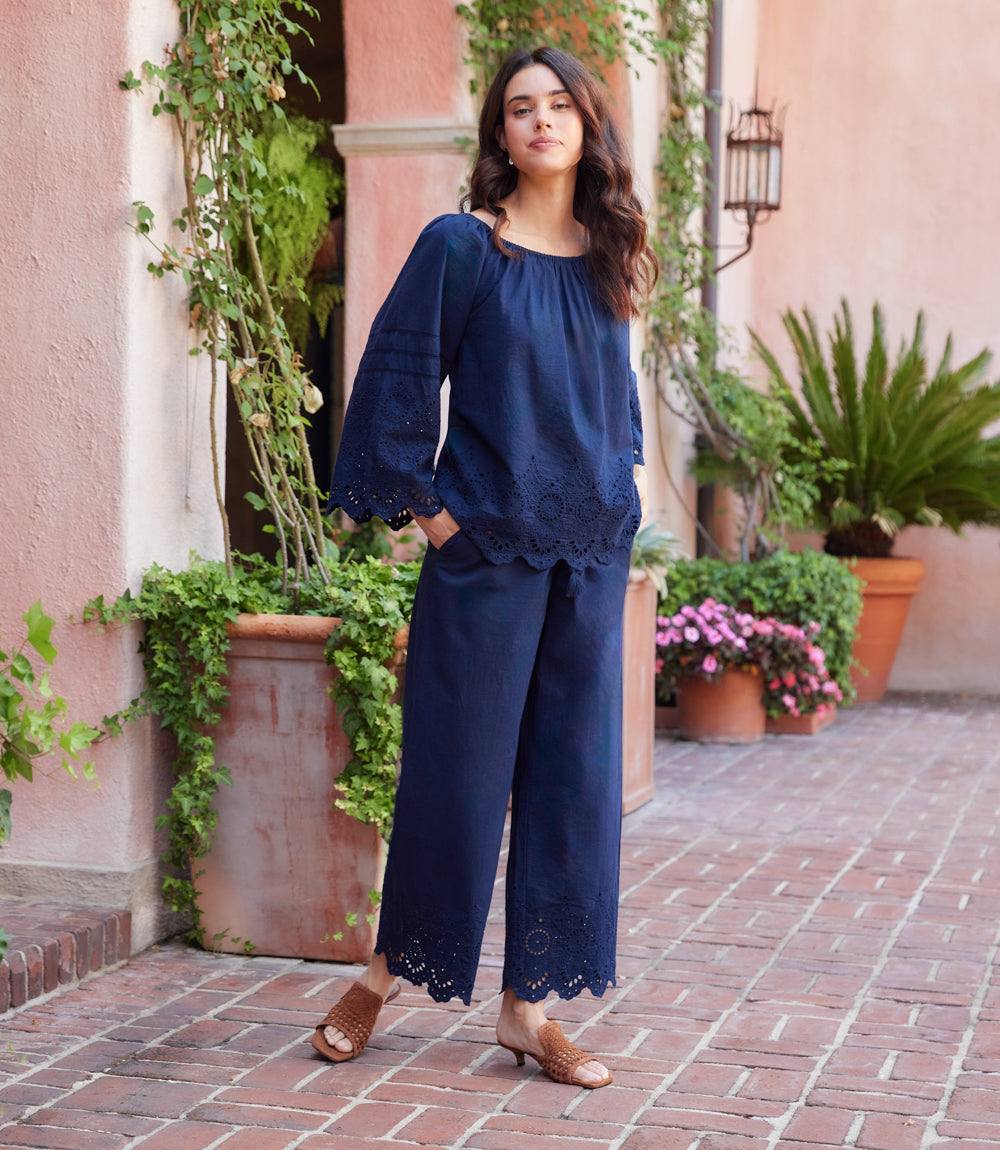 Embroidered Scallop Edge Cropped Pants - Stylish Wide-Leg Cotton