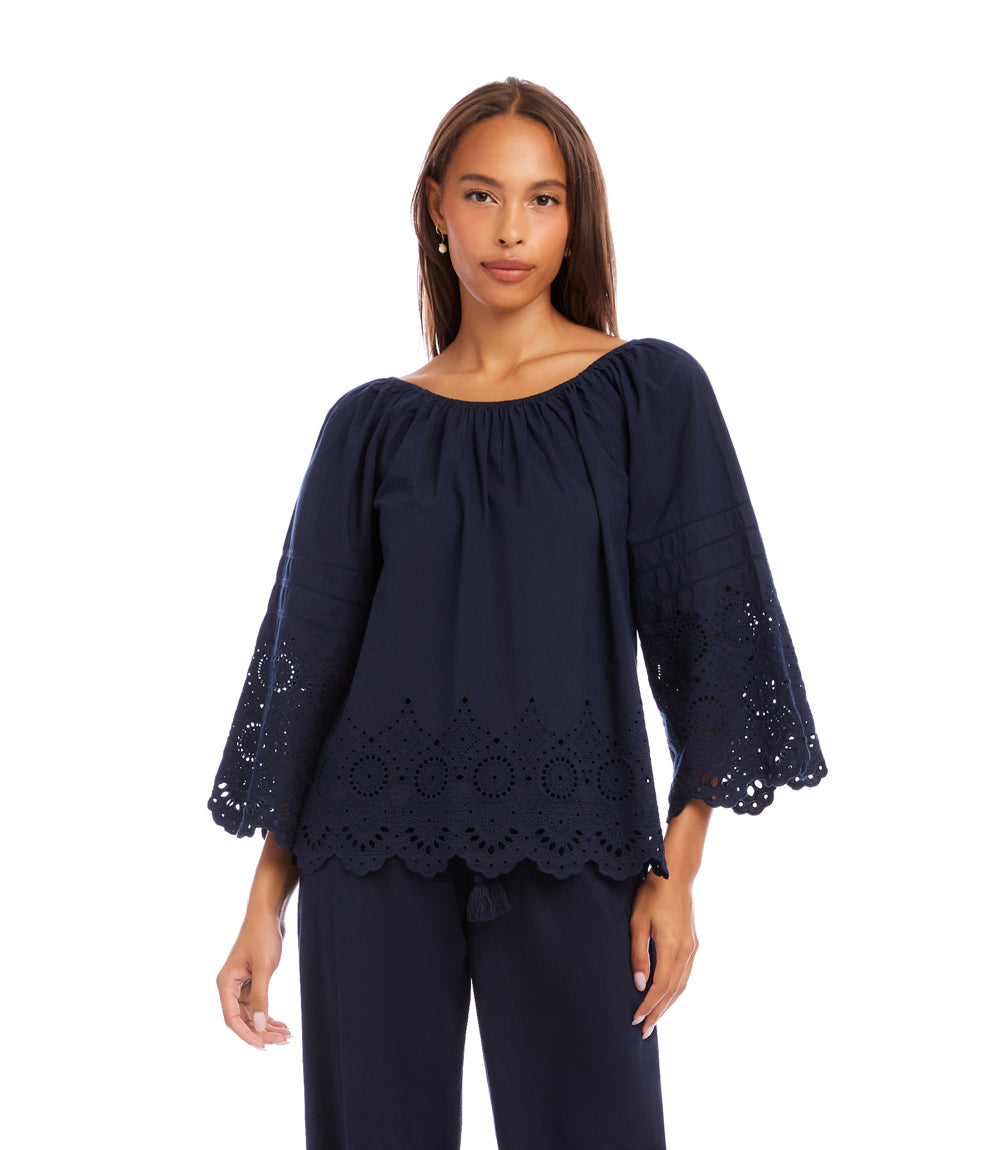 Flare Sleeve Embroidered Scallop Edge Peasant Top