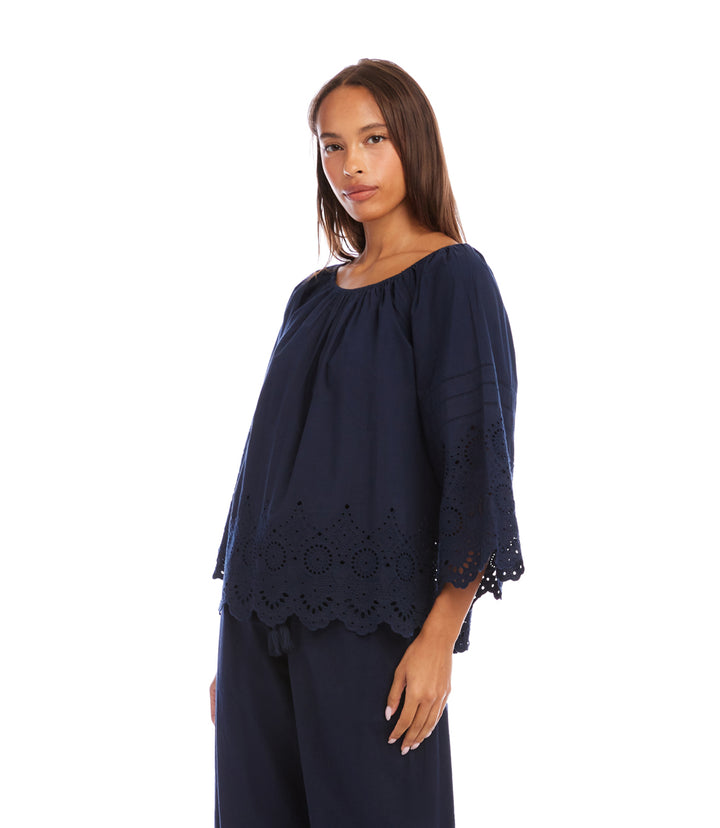 Flare Sleeve Embroidered Scallop Edge Peasant Top