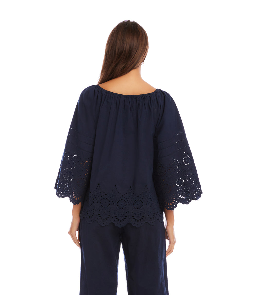 Flare Sleeve Embroidered Scallop Edge Peasant Top