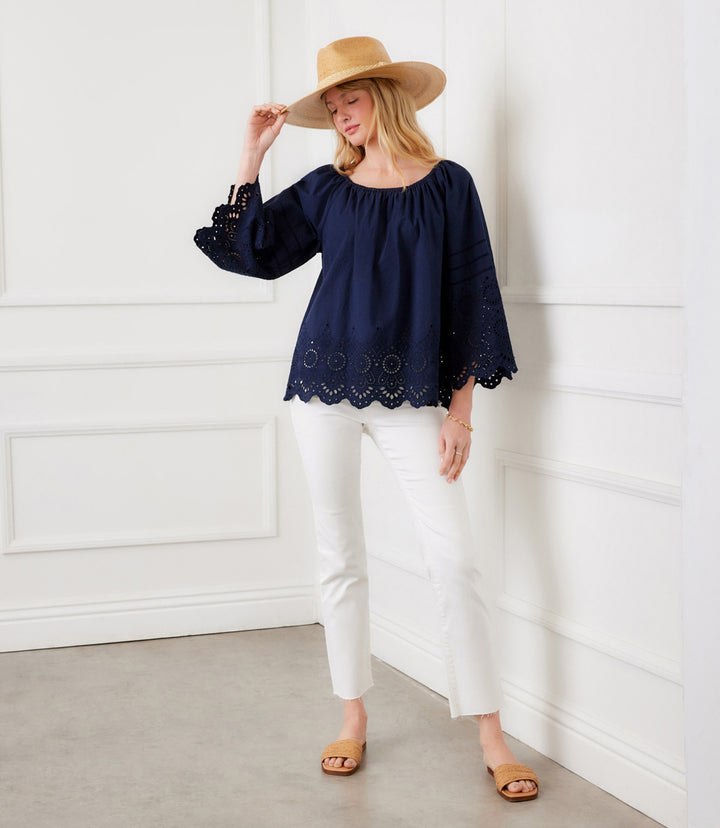 Flare Sleeve Embroidered Scallop Edge Peasant Top