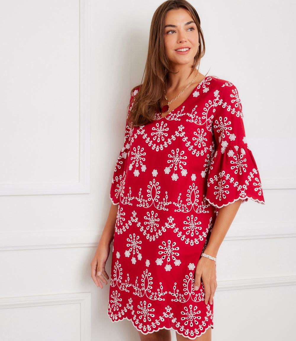 Karen Kane Women's Flare Sleeve Embroidered Dress, XL, Cotton Karen Kane Women's Flare Sleeve Embroidered Dress, XL, Cotton