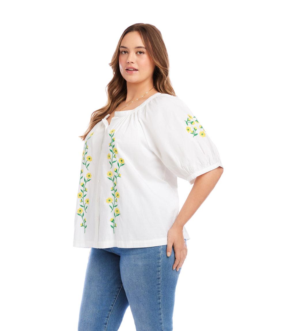 Plus Size Puff Sleeve Embroidered Peasant Top – Karen Kane
