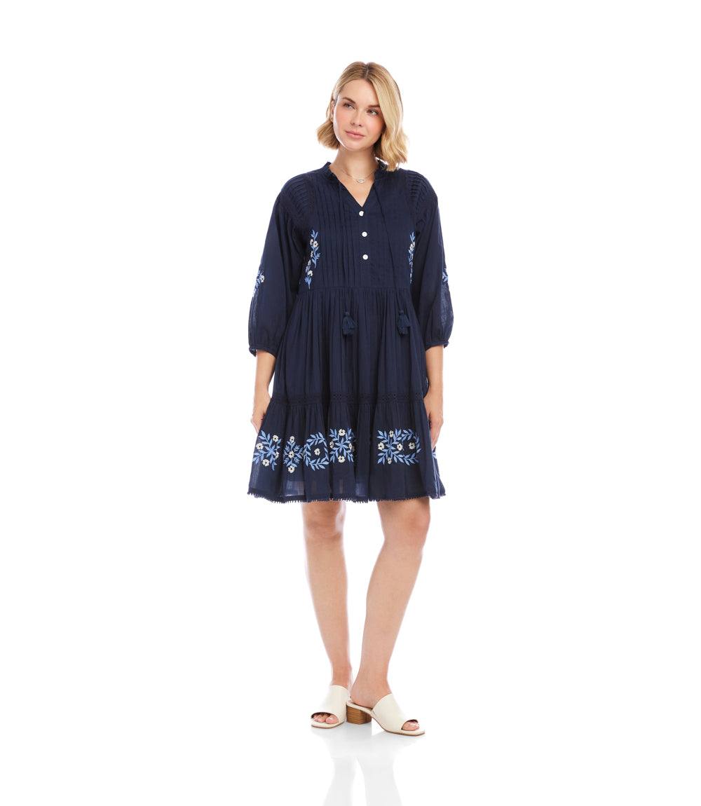 Karen Kane Women's Blouson Sleeve Embroidered Lace Trim Tiered Dress, Large, L, Navy, Floral, 100% Polyester Karen Kane Women's Blouson Sleeve Embroidered Lace Trim Tiered Dress, Large, L, Navy, Floral, 100% Polyester
