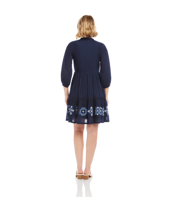 Blouson Sleeve Embroidered Lace Trim Tiered Dress