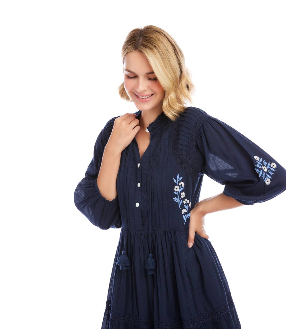Karen Kane Women's Blouson Sleeve Embroidered Lace Trim Tiered Dress, Large, L, Navy, Floral, 100% Polyester